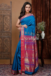 Teal blue silk bomkai saree with zari border - elegant indian ethnic wear blue pink silk saree 3