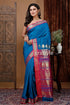 Teal blue silk bomkai saree with zari border - elegant indian ethnic wear blue silk saree red gold 1