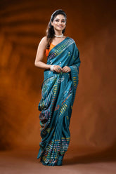 Teal blue silk gujarati stitch saree with mirror work geometric design 4