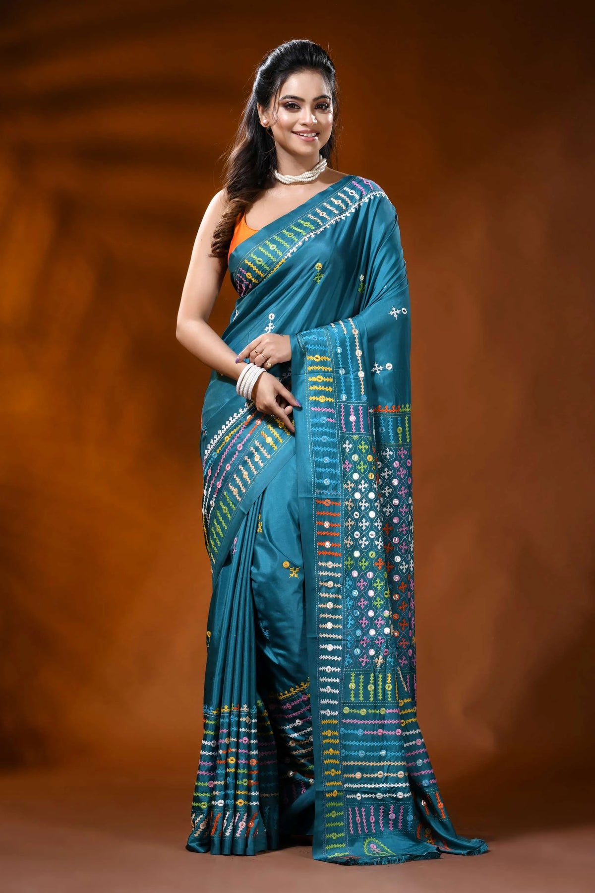 Teal blue silk gujarati stitch saree with mirror work geometric design 1