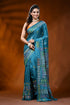 Teal blue silk gujarati stitch saree with mirror work geometric design 1