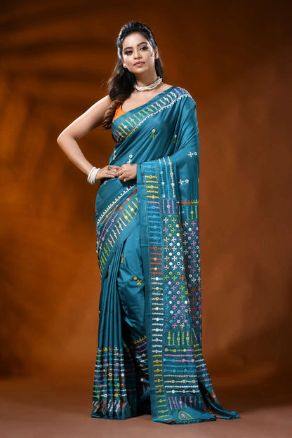 Teal blue silk gujarati stitch saree with mirror work geometric design 6