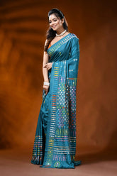 Teal blue silk gujarati stitch saree with mirror work geometric design 3