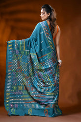 Teal blue silk gujarati stitch saree with mirror work geometric design 5