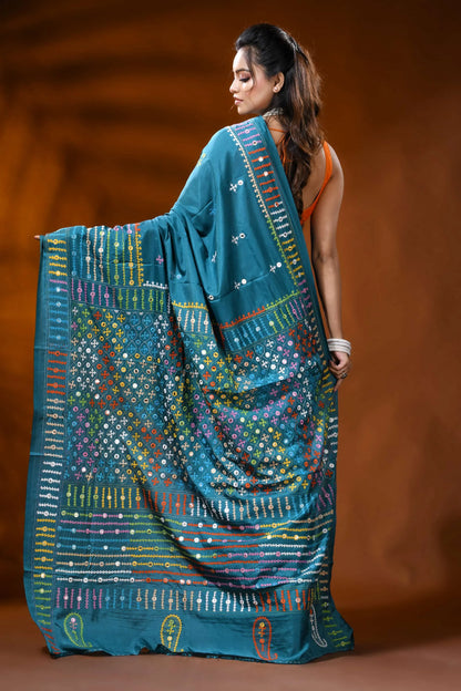 Teal blue silk gujarati stitch saree with mirror work geometric design 5