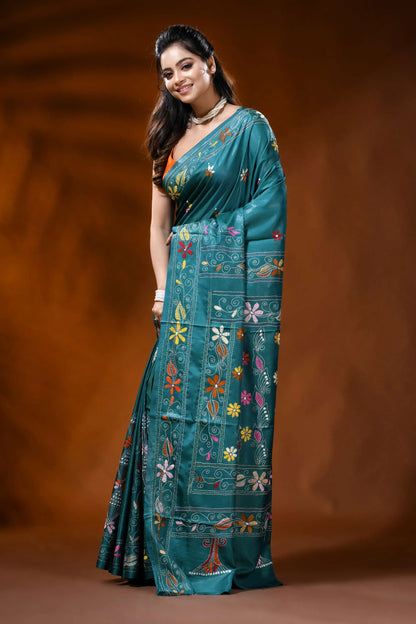 Teal blue silk kantha work saree with multicolor floral bird motif 3
