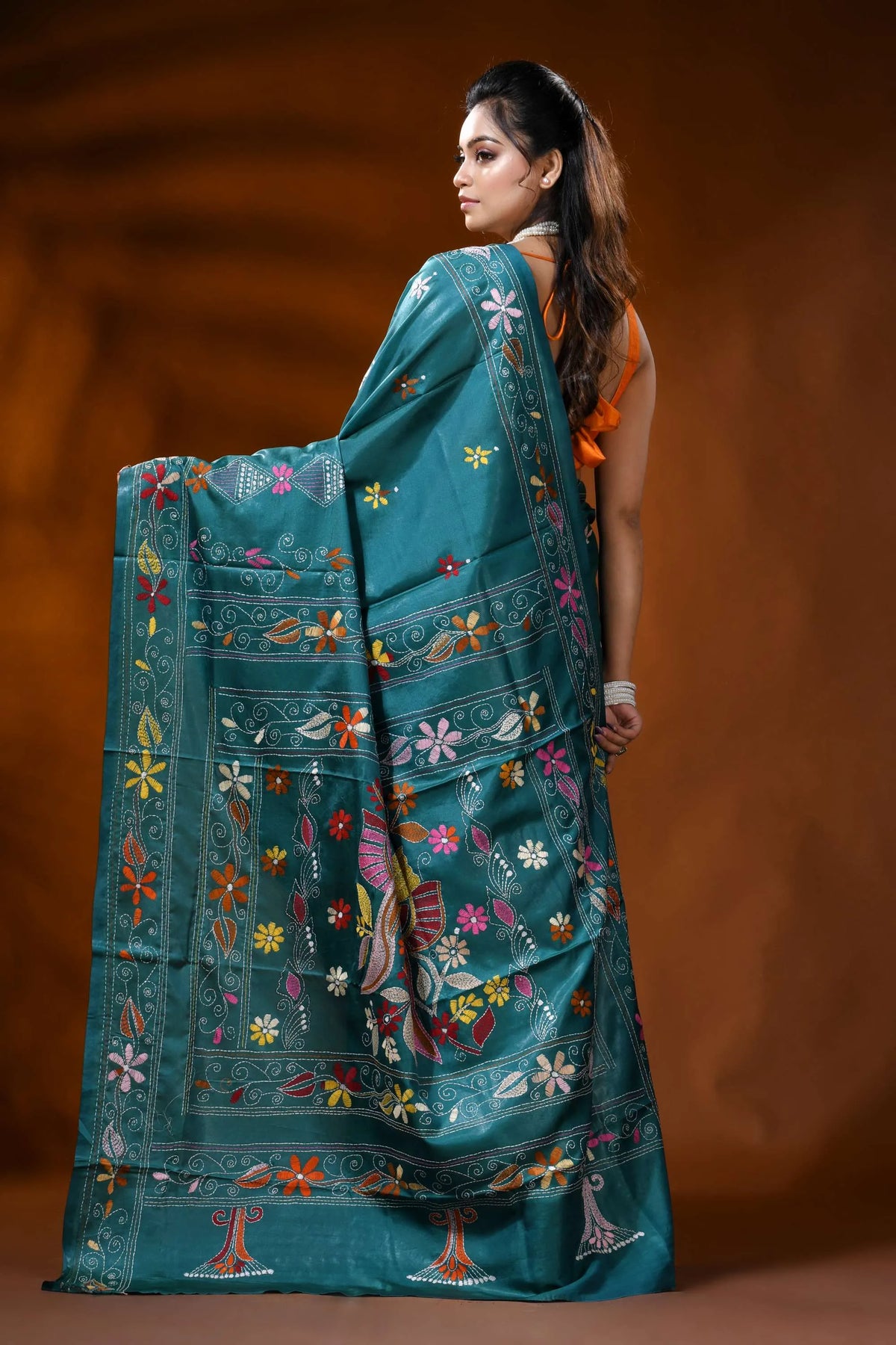 Teal blue silk kantha work saree with multicolor floral bird motif 5