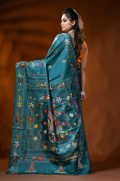 Teal blue silk kantha work saree with multicolor floral bird motif 5