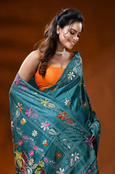 Teal blue silk kantha work saree with multicolor floral bird motif 2