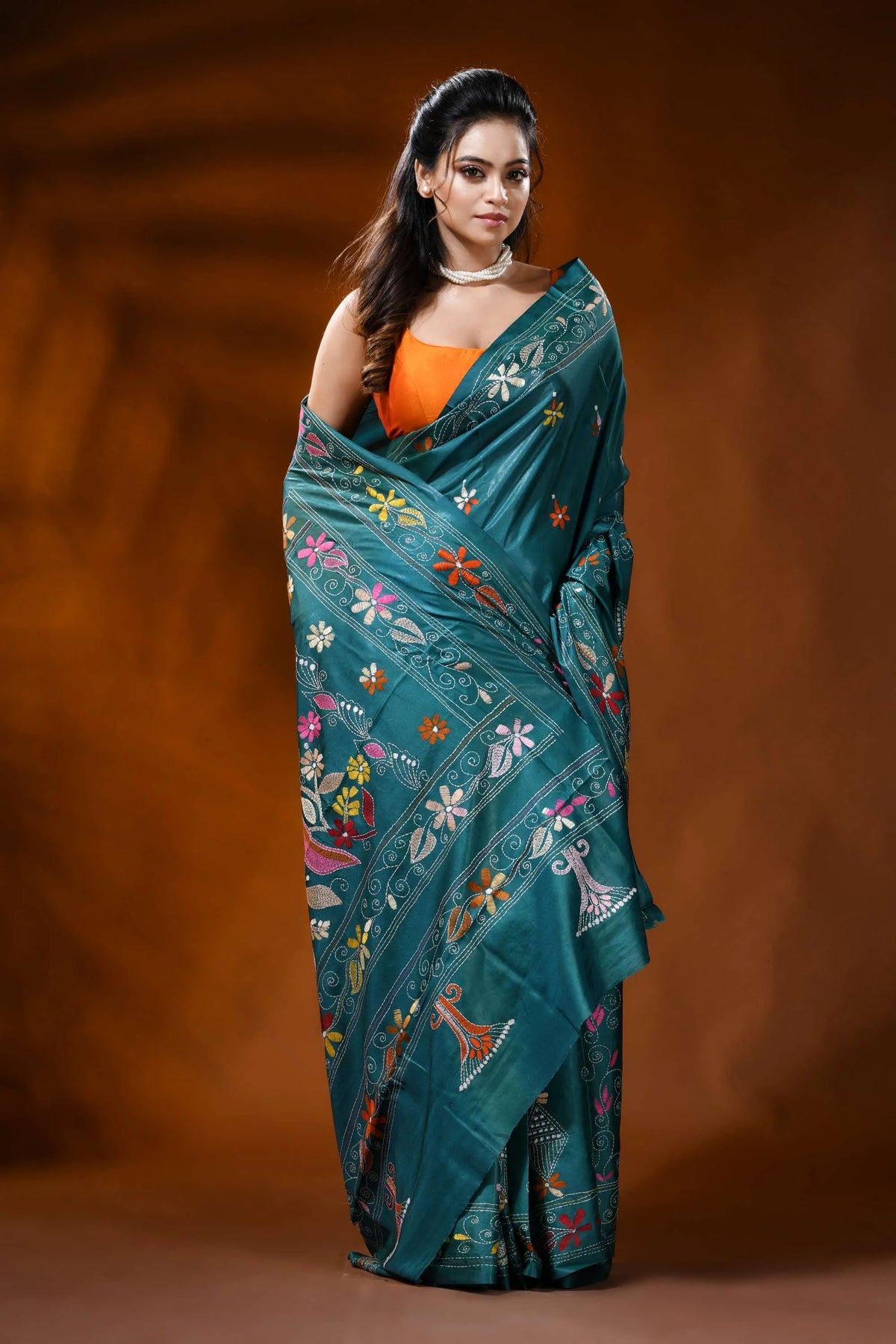 Teal blue silk kantha work saree with multicolor floral bird motif 4
