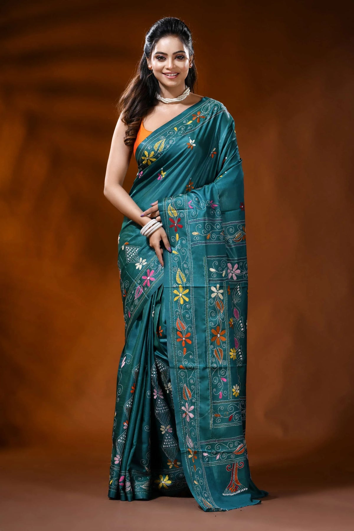 Teal blue silk kantha work saree with multicolor floral bird motif 6