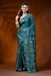 Teal blue silk kantha work saree with multicolor floral bird motif 1