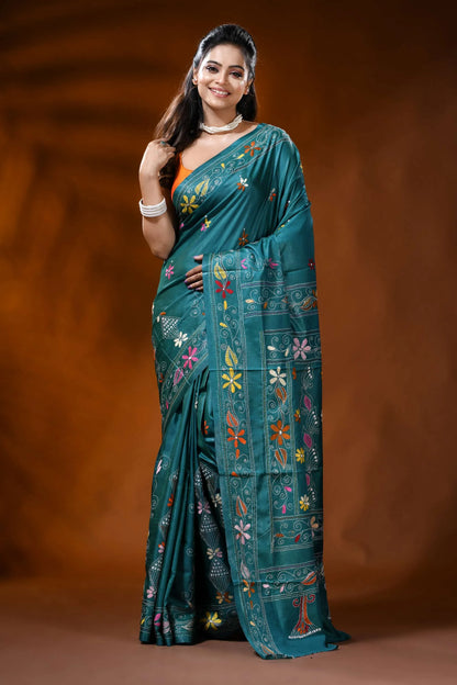 Teal blue silk kantha work saree with multicolor floral bird motif 1