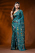 Teal blue silk kantha work saree with multicolor floral bird motif 1