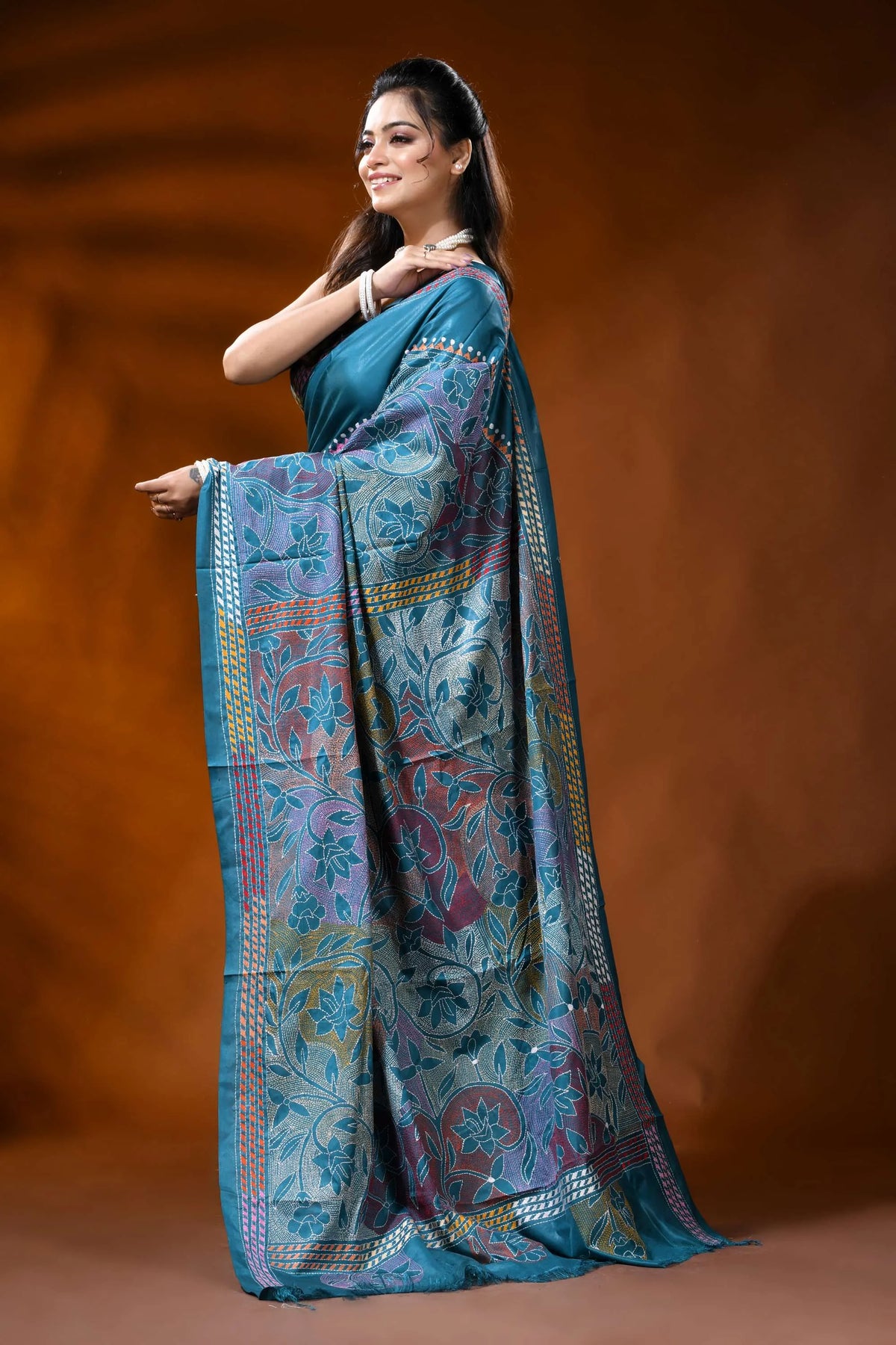 Teal blue silk reverse kantha work saree with multicolor floral design 3