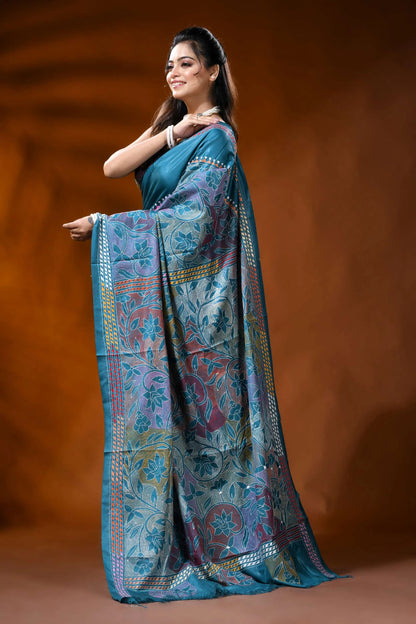 Teal blue silk reverse kantha work saree with multicolor floral design 3