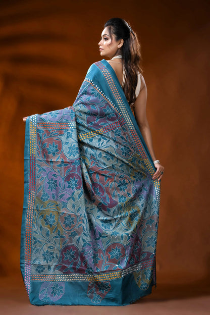 Teal blue silk reverse kantha work saree with multicolor floral design 5