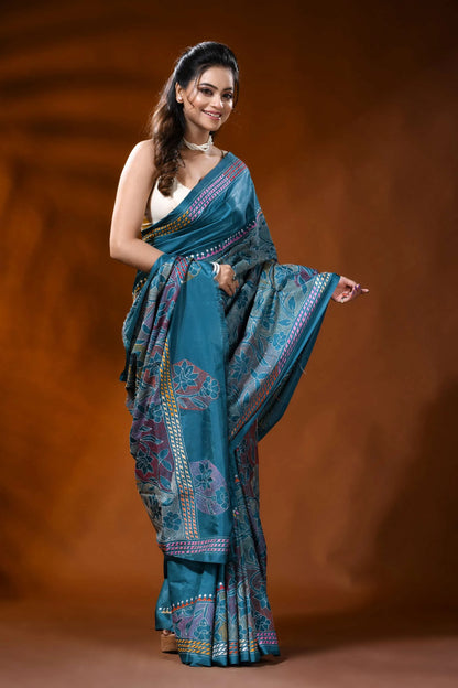 Teal blue silk reverse kantha work saree with multicolor floral design 4
