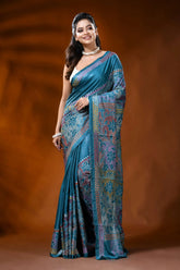 Teal blue silk reverse kantha work saree with multicolor floral design 6