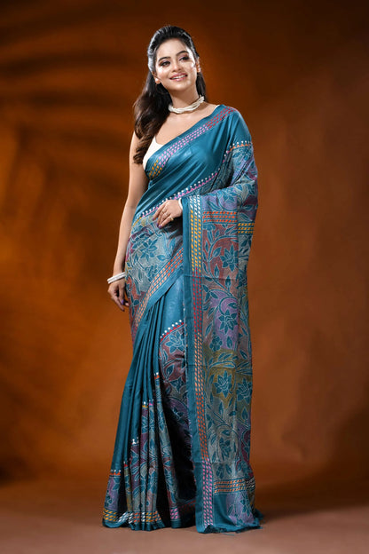 Teal blue silk reverse kantha work saree with multicolor floral design 6