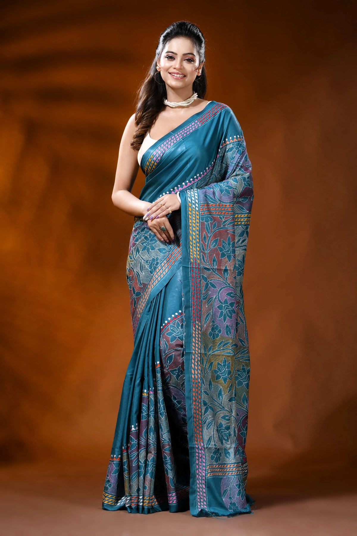 Teal blue silk reverse kantha work saree with multicolor floral design 1