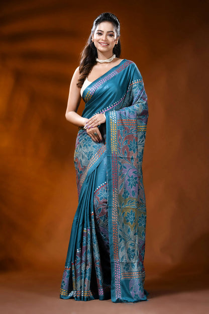 Teal blue silk reverse kantha work saree with multicolor floral design 1