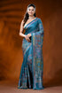 Teal blue silk reverse kantha work saree with multicolor floral design 1
