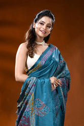 Teal blue silk reverse kantha work saree with multicolor floral design 2