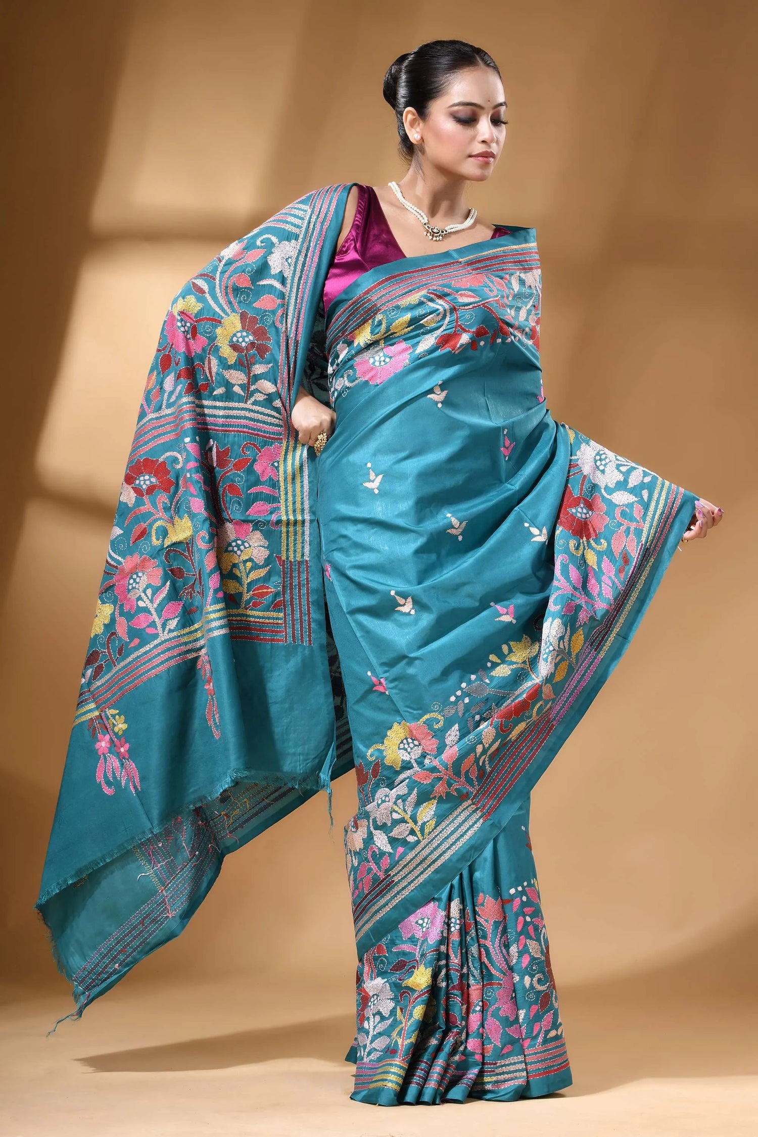 Teal green multi-thread floral hand kantha embroidery silk saree teal silk saree intricate floral 4