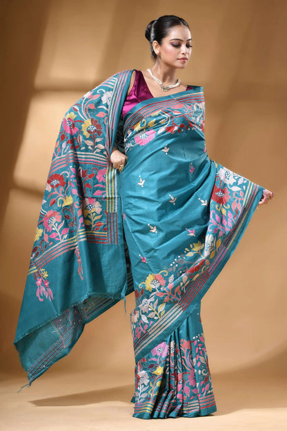 Teal green multi-thread floral hand kantha embroidery silk saree teal silk saree intricate floral 4