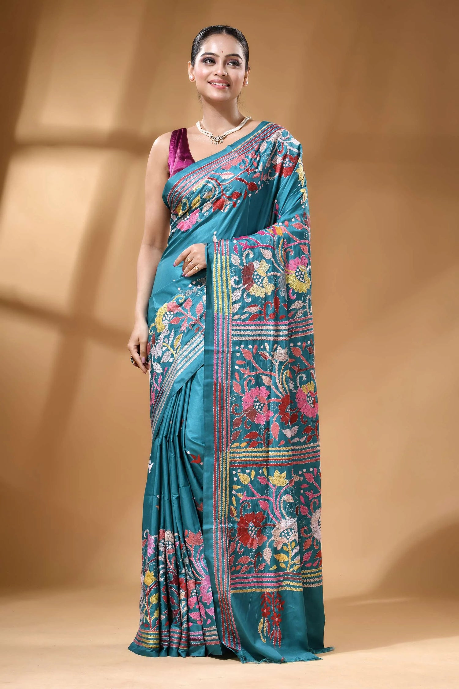 Teal green multi-thread floral hand kantha embroidery silk saree teal silk saree intricate floral 6