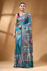 Teal green multi-thread floral hand kantha embroidery silk saree teal silk saree intricate floral 6