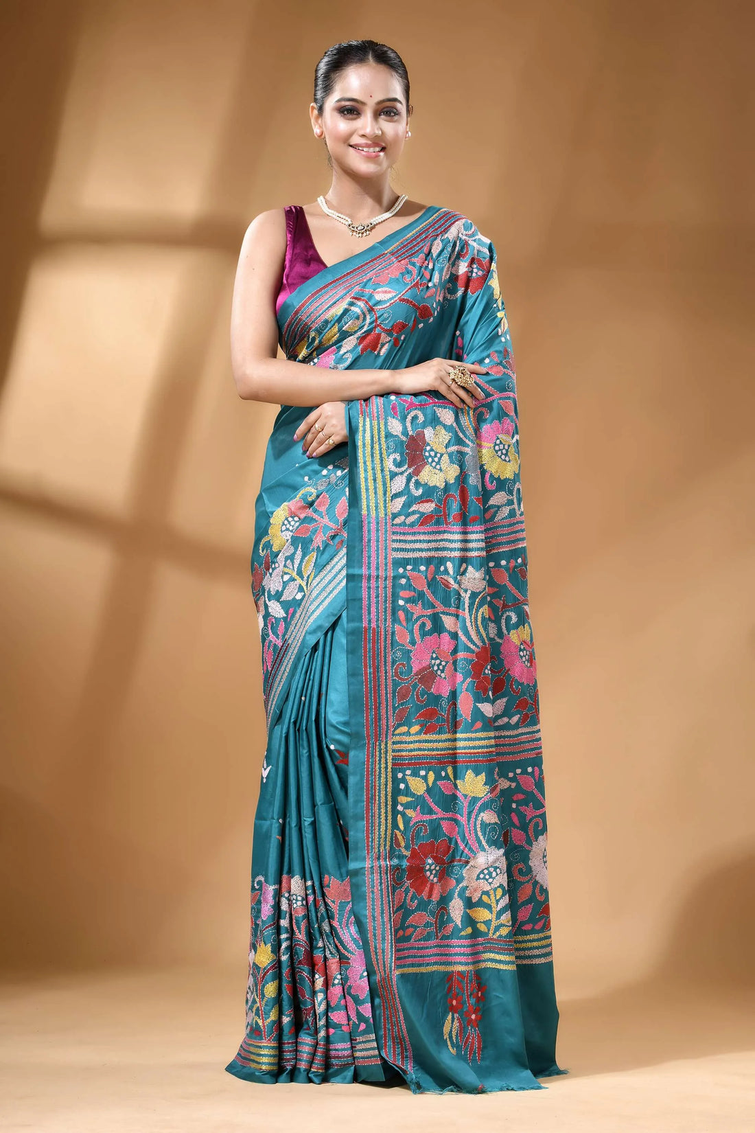 Teal green multi-thread floral hand kantha embroidery silk saree teal silk saree intricate floral 1