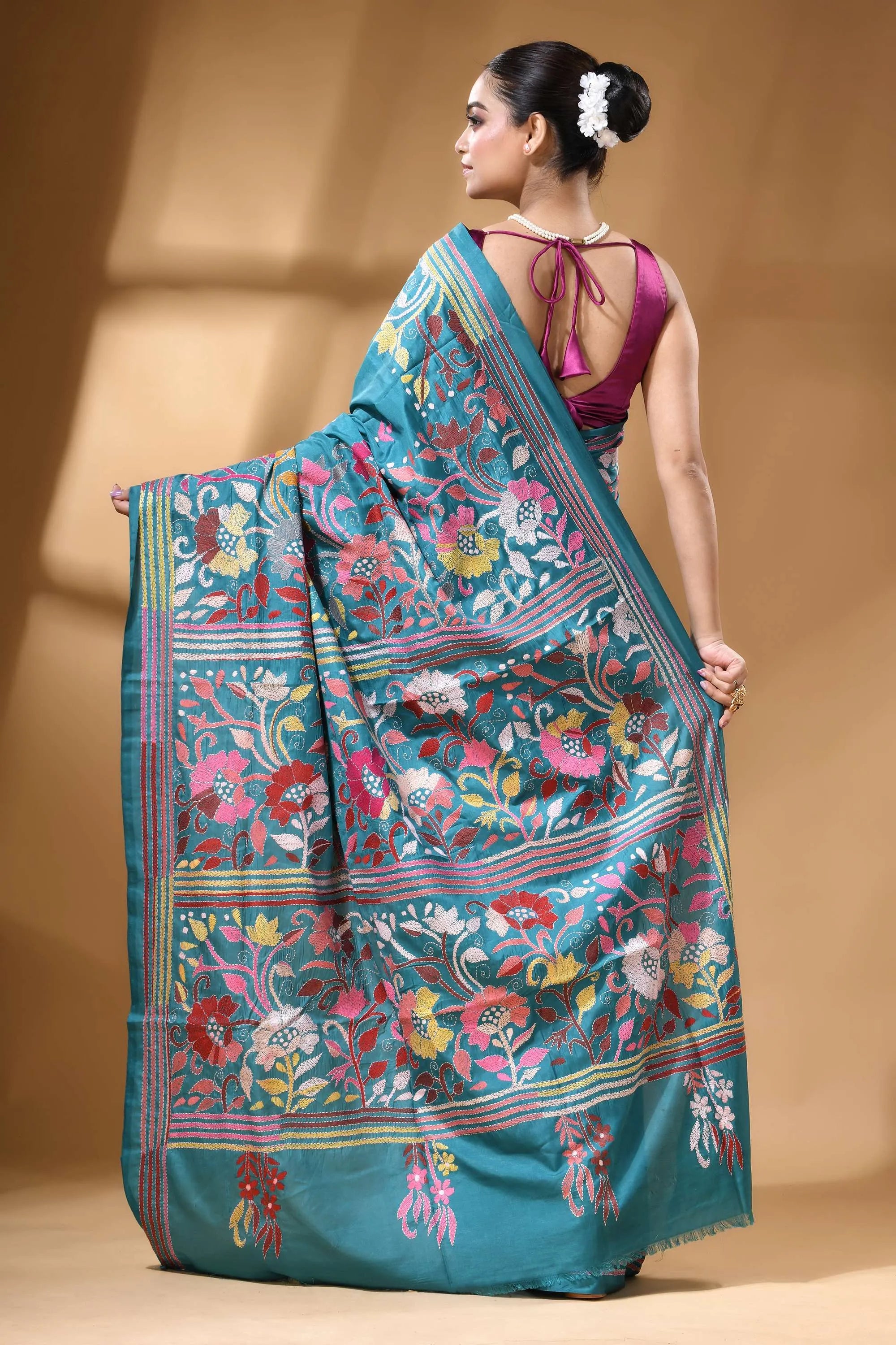 Teal green multi-thread floral hand kantha embroidery silk saree teal silk saree intricate floral 5
