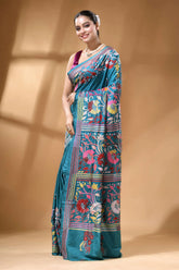 Teal green multi-thread floral hand kantha embroidery silk saree teal silk saree intricate floral 3