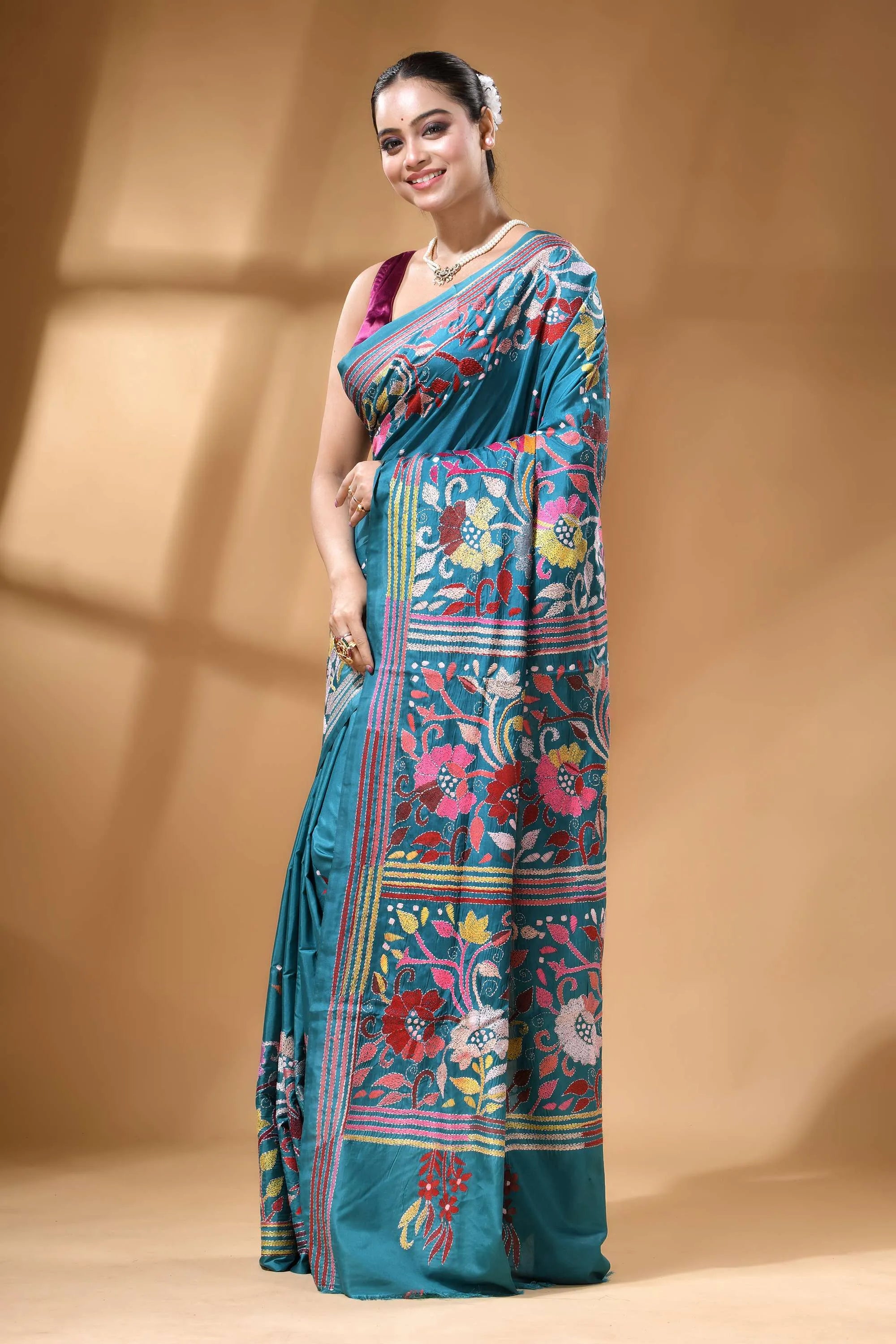 Teal green multi-thread floral hand kantha embroidery silk saree teal silk saree intricate floral 3