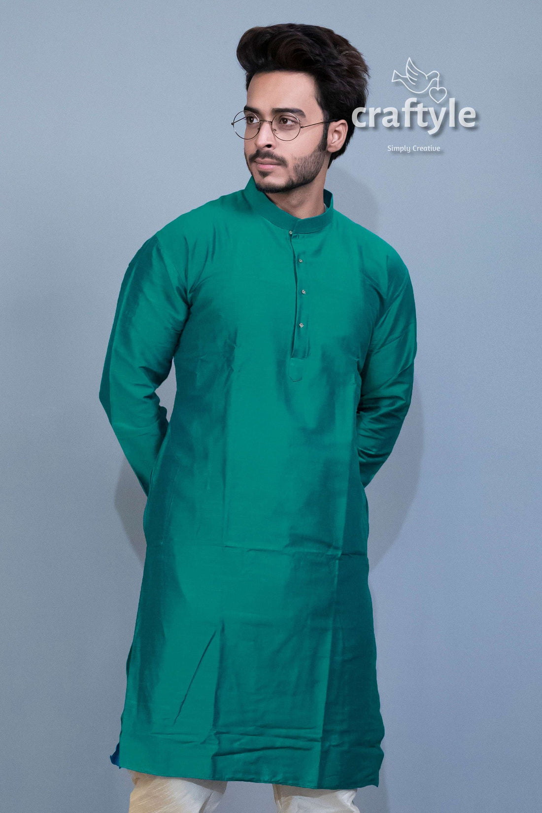 Teal Green Soft Silk Kurta - Ethnic Wear for Men - Craftyle