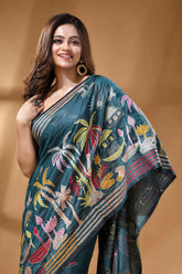 Teal green village theme multicolor silk kantha work saree teal silk saree adorned intricate 2