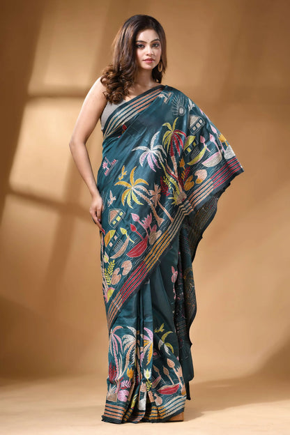 Teal green village theme multicolor silk kantha work saree dark teal silk saree adorned 5