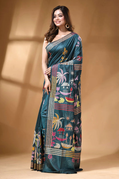 Teal green village theme multicolor silk kantha work saree teal silk saree adorned vibrant 3