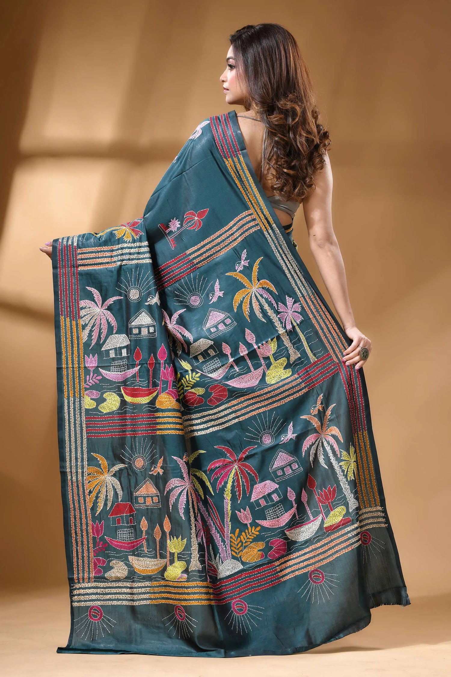 Teal green village theme multicolor silk kantha work saree teal-colored silk saree intricate hand-embroidered 4
