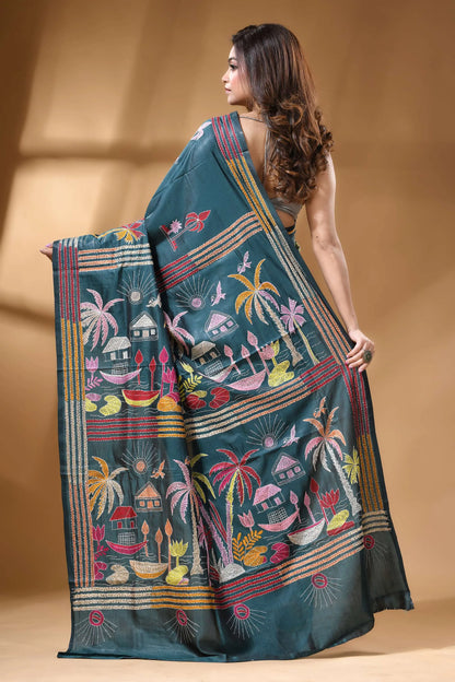 Teal green village theme multicolor silk kantha work saree teal-colored silk saree intricate hand-embroidered 4