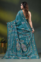 Teal paisley motif multi-thread hand embroidered silk kantha saree 4