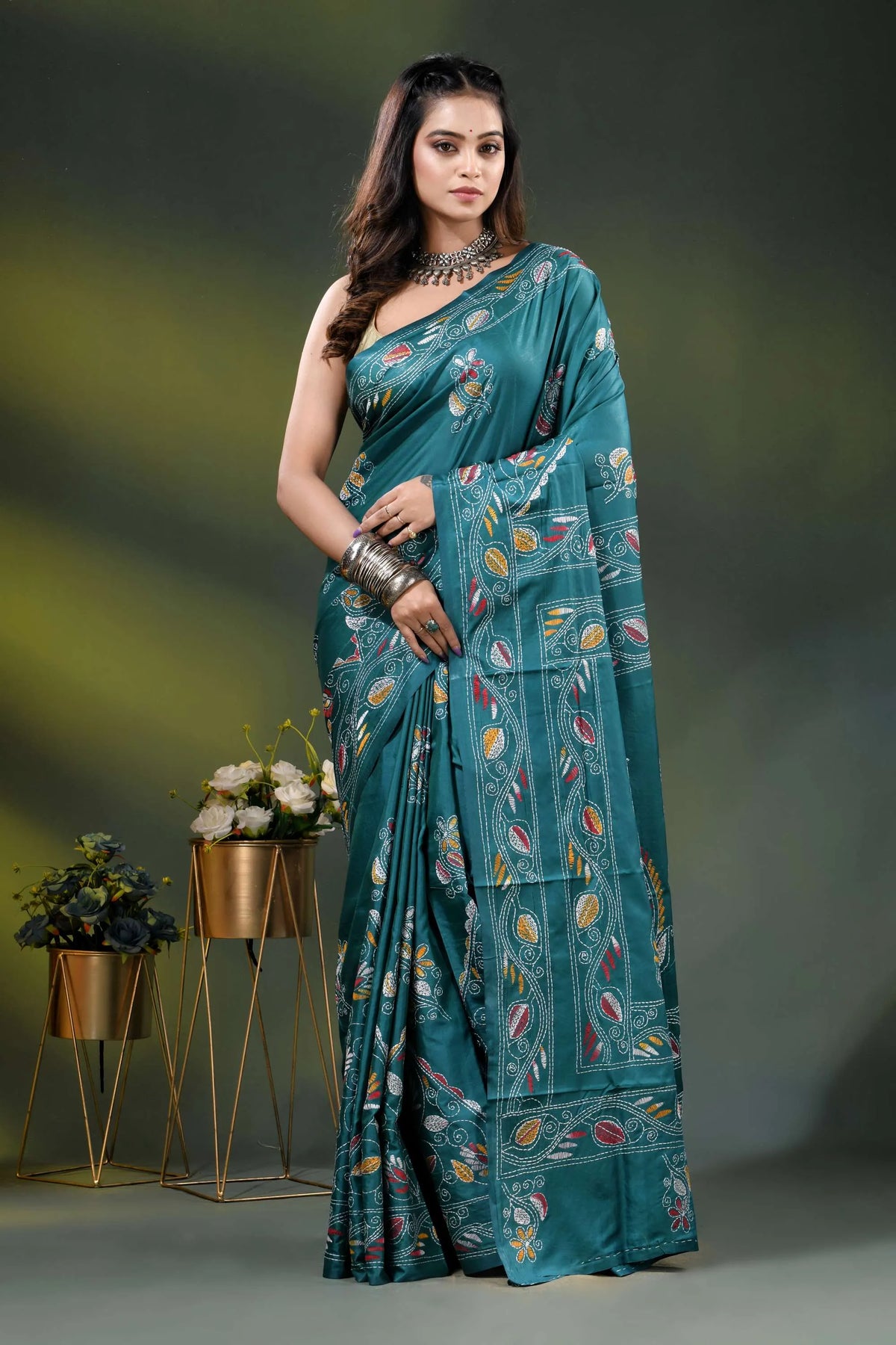 Teal paisley motif multi-thread hand embroidered silk kantha saree 1
