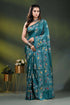 Teal paisley motif multi-thread hand embroidered silk kantha saree 1
