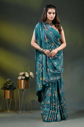 Teal paisley motif multi-thread hand embroidered silk kantha saree 5