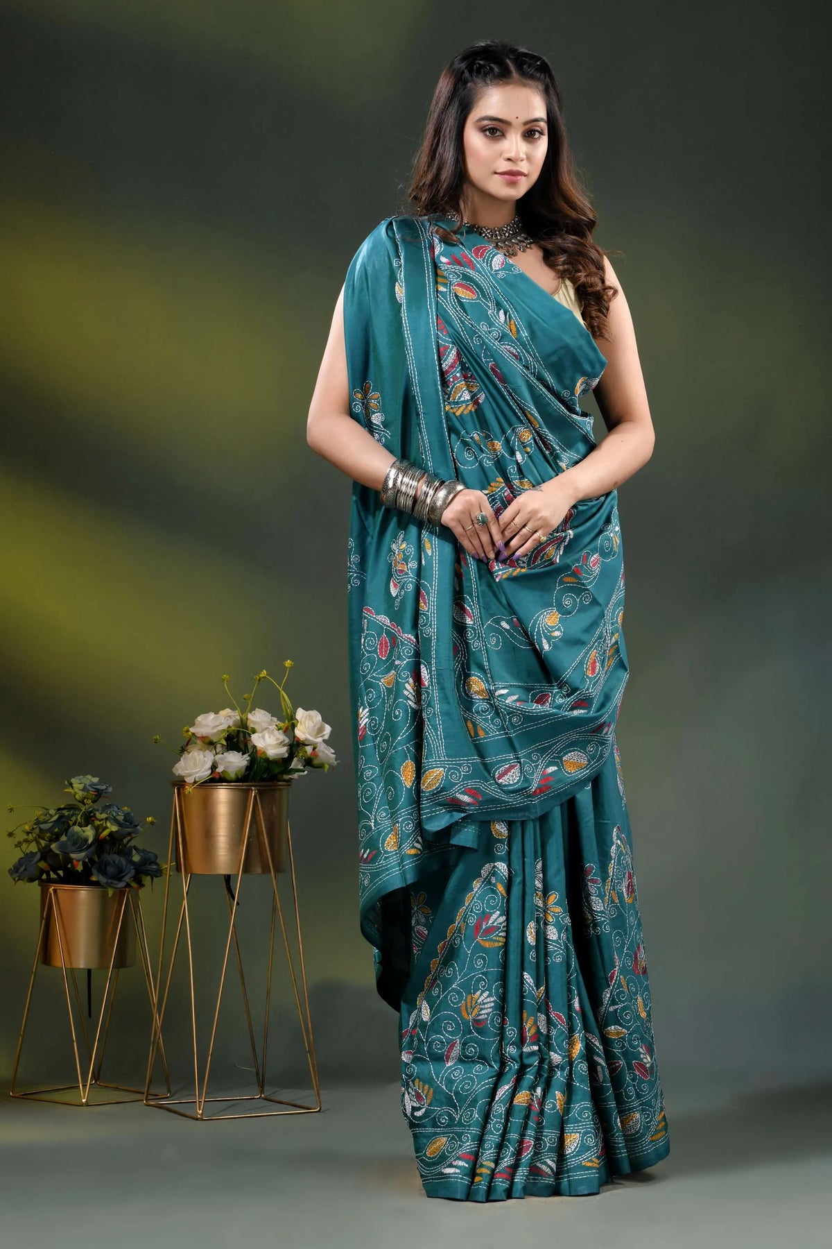 Teal paisley motif multi-thread hand embroidered silk kantha saree 5