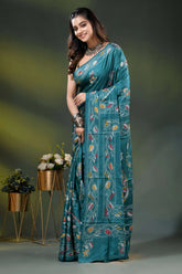 Teal paisley motif multi-thread hand embroidered silk kantha saree 3