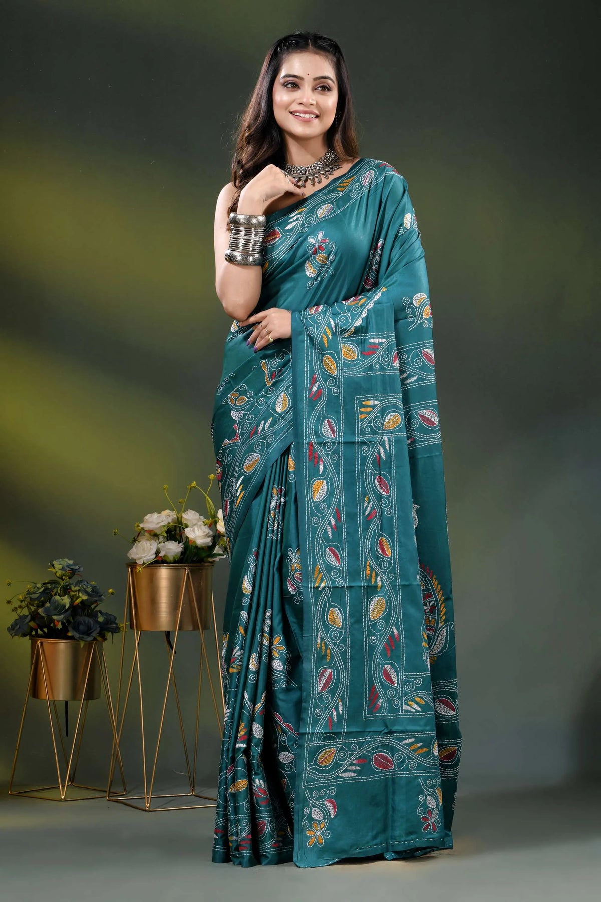 Teal paisley motif multi-thread hand embroidered silk kantha saree 6