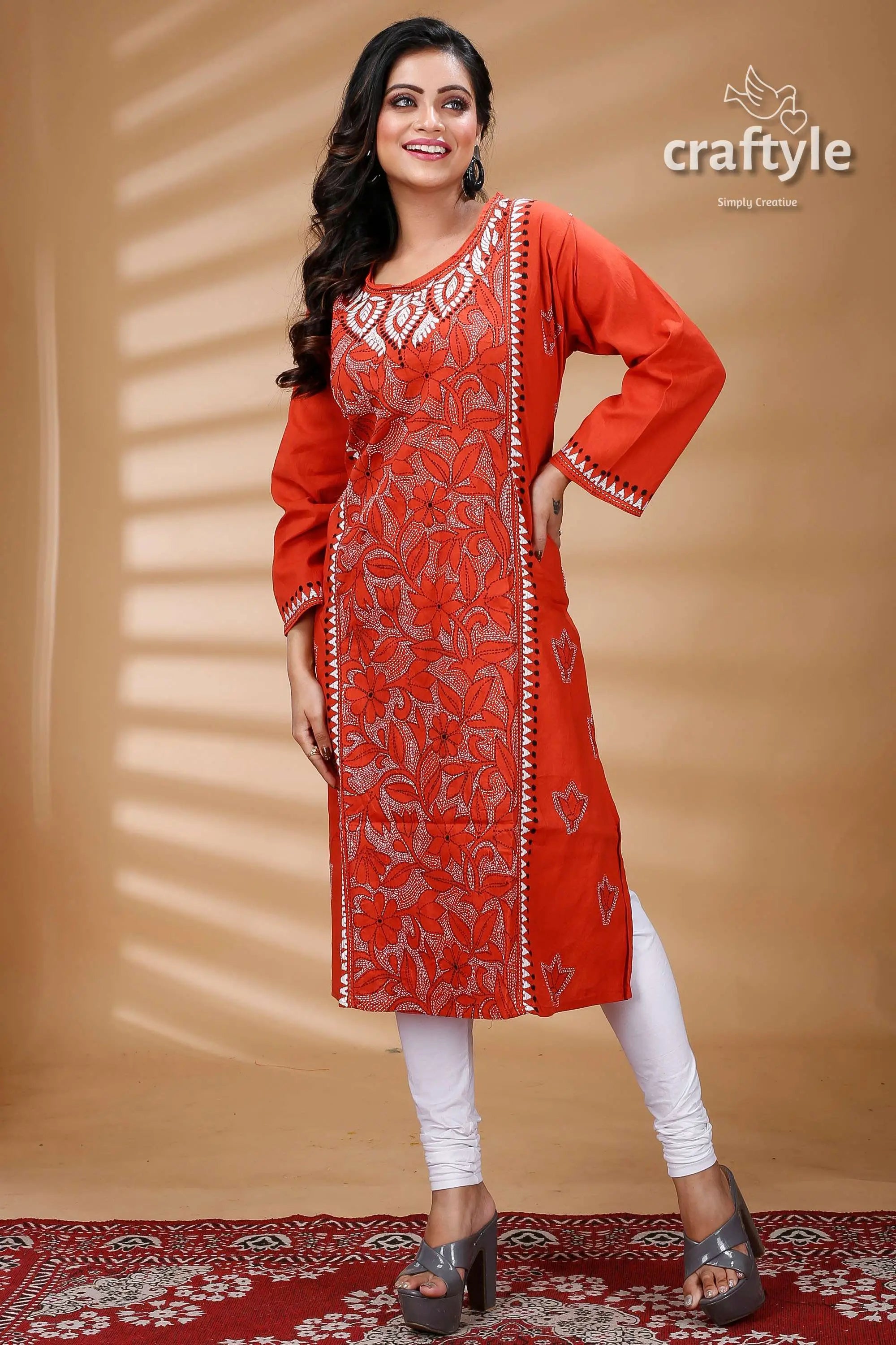 Terracotta color reverse kantha cotton kurti for women red embroidered kurta 3